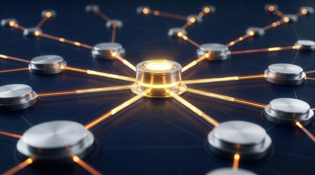 A digital network grid featuring connected nodes and glowing energy lines with a pulsing central hub.