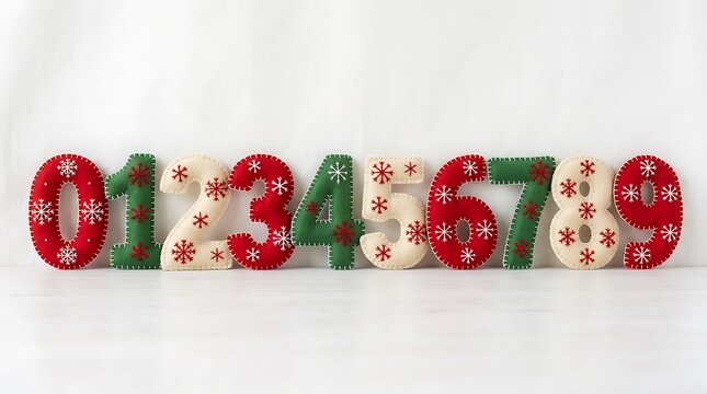 Numbers zero to nine created from felt fabric decorated with snowflake patterns