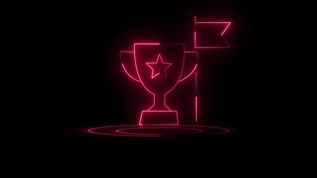 Glowing neon trophy with star and flag on dark background
