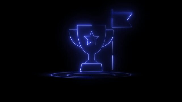 Blue glowing trophy with star and flag on dark background