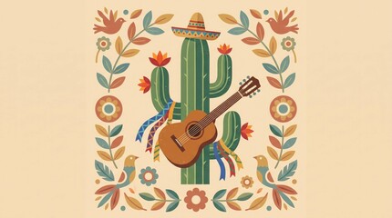 Fototapeta premium Mexican cactus with guitar instrument background vector illustration celebrating Cinco de Mayo traditional folk festival holiday design