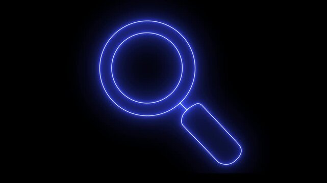 Blue neon magnifying glass on dark background