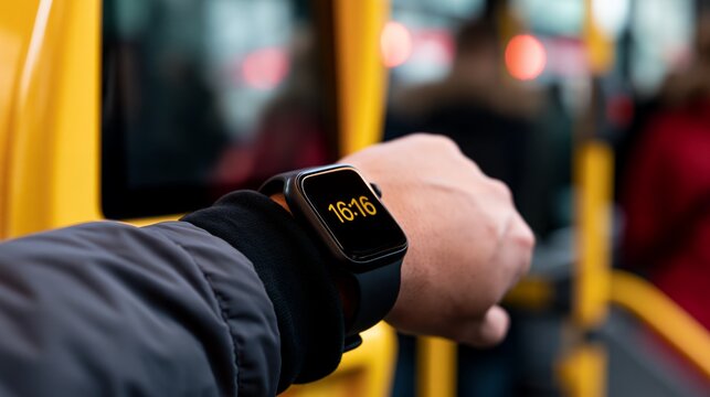 Commuter uses a digital smartwatch to pay for transport on a public bus during the late afternoon while the time displayed is sixteen sixteen hours on the screen.