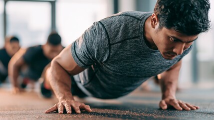 Fototapeta premium Focused young man performs pushups on the floor while a group of diverse people trains in the background during a daylight fitness session inside a modern gym facility