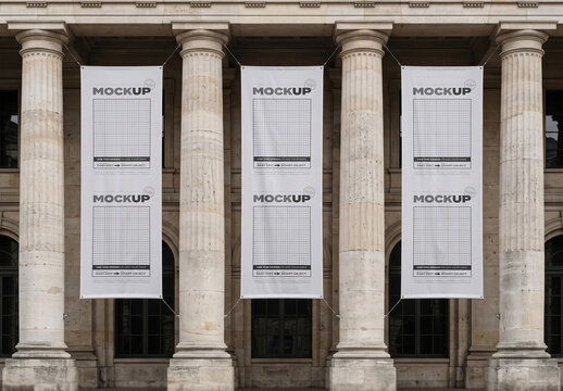 Banners on Stone Building Front Design Mockup