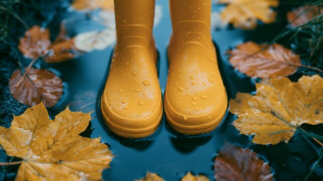 Bright yellow rain boots stand in a shallow puddle covered with fallen autumn leaves after a rainy day, showing water droplets on the surface and vibrant seasonal colors.