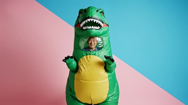 Person in Inflatable T-Rex Costume Posing Against a Vibrant Pink and Blue Background.