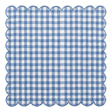 Blue and white gingham fabric panel with scalloped edges