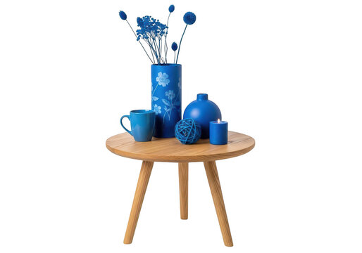 A unique and very stylish lowes blue home decor items and flowers vase cup candle on a three legged wooden table isolated on transparent background