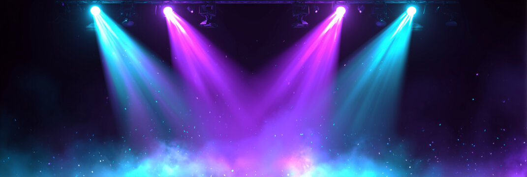 Bright light beams pierce through darkness creating dramatic spotlight effects perfect for stage performances, concerts, and theatrical productions with golden rays.