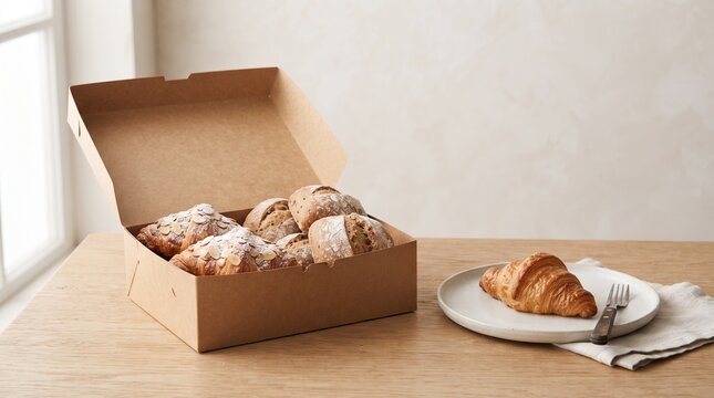 Freshly baked buttery croissants in a cardboard delivery box with a single pastry served on a white plate