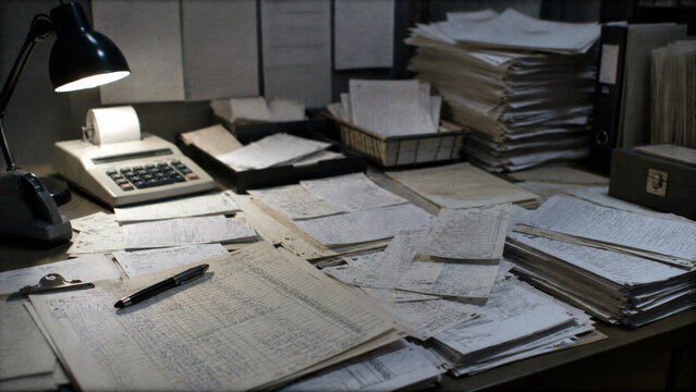 Cluttered office desk covered with financial documents, receipts and paperwork beside a calculator, concept of accounting and administrative workload