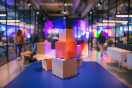 Red cardboard boxes stacked on a blue desk in a modern office, featuring glowing neon lights and glass partitions for corporate restructuring and downsizing concepts