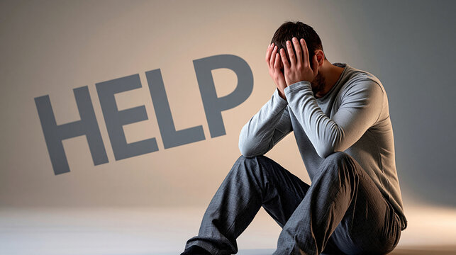 Faceless person sitting with hands covering their face beneath a subtle help symbol, silent cry for help, emotional distress, abuse awareness, mental health support, victim