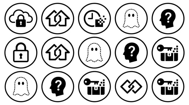A circular icon collection featuring abstract concepts of digital security, privacy, and identity in online environments.