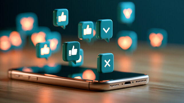 Smartphone surrounded by floating negative reaction icons and blurred hostile messages, cyberbullying, online harassment, toxic behavior, social media risks, digital wellbeing,