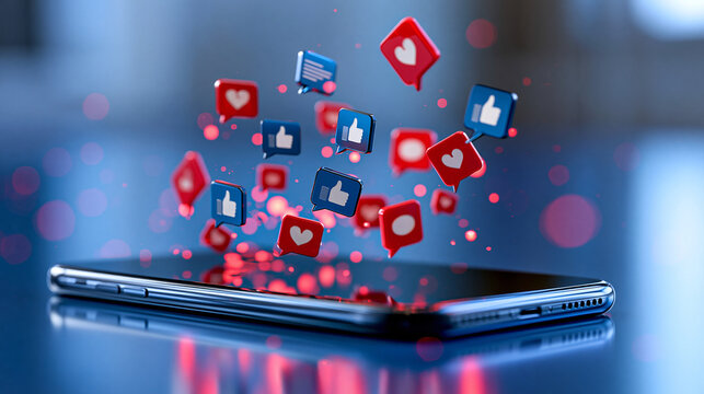 Smartphone surrounded by floating negative reaction icons and blurred hostile messages, cyberbullying, online harassment, toxic behavior, social media risks, digital wellbeing,