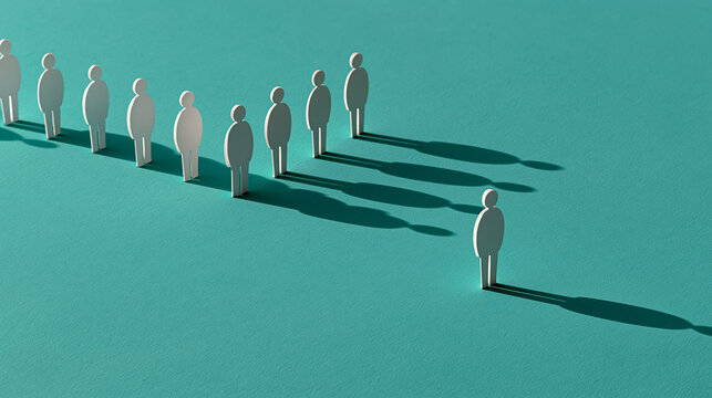Abstract group of paper figures casting long shadows while one isolated figure remains outside the group, discrimination, intolerance, social exclusion, bullying, belonging,