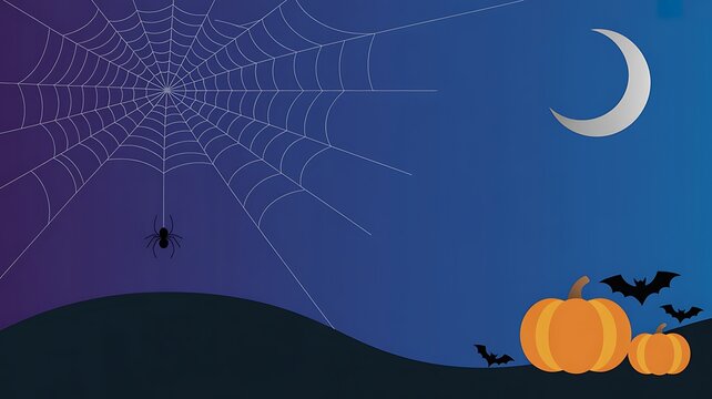 Halloween night scene with pumpkins bats and a crescent moon in a starry sky