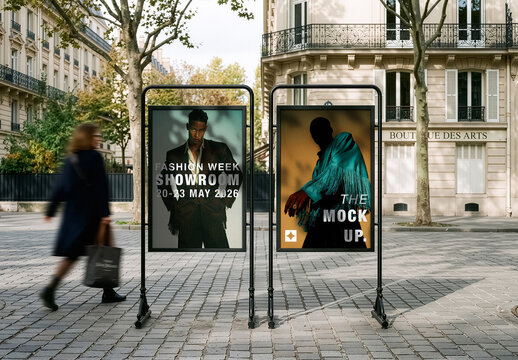2 Vertical Banner Advertising Display Mockups On The Paris Street