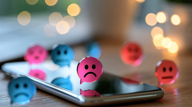 Close-up of a smartphone displaying blurred negative comments and hostile reaction icons, cyberbullying awareness, online harassment, toxic communication, digital safety, social