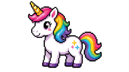 Obraz premium Magical white unicorn with rainbow mane and tail, colorful fantasy character illustration for children, fairy tales, stickers and whimsical designs