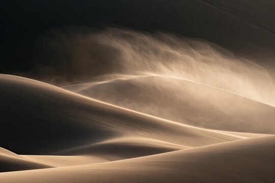 Ethereal desert dunes sculpted by wind-blown sand under dramatic lighting