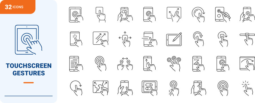 Touchscreen Gestures And User Interface line icon set. Vector pictograms of touch, swipe, pinch, and tap elements, thin linear illustration.