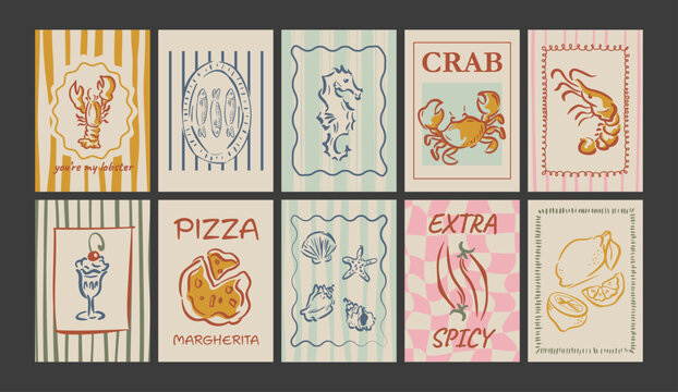 Trendy eclectic kitchen wall art print set. Retro mediterranean food poster vector collection with seafood and pizza illustration.