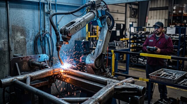 Robotic welding joins a steel subframe component in Mexico