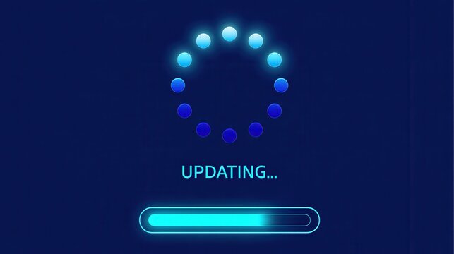 Software update progress bar with loading circle on a digital blue background