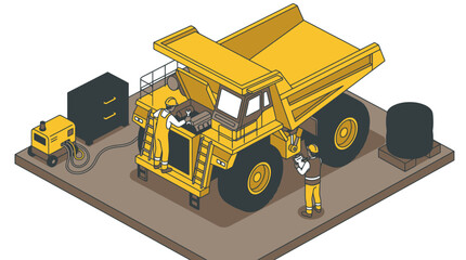Dynamic Isometric of Yellow Mining Dump Truck with Workers and Equipment in Industrial Setting with high quality professional line art symbols for modern creative design and digital branding projects © Manto