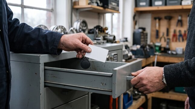 Hands place access credentials into locked storage
