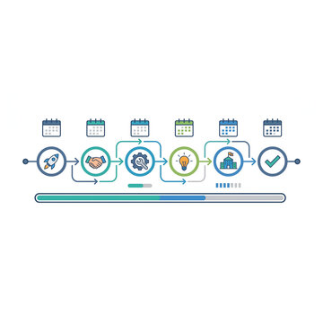 Business workflow process infographic with sequential icons representing project management and development stages