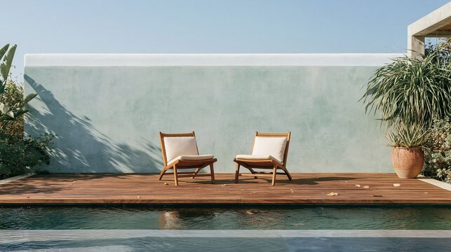 Sage green wall in a minimalist villa courtyard with a wooden deck and pool, featuring a dry warmth and crisp daylight for resort and vacation campaigns