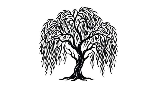 Cad tree lines,grass Decorative weeping willow tree vector set, stylized black and white hand engraved illustration, vintage etching style, botanical print, vintage design