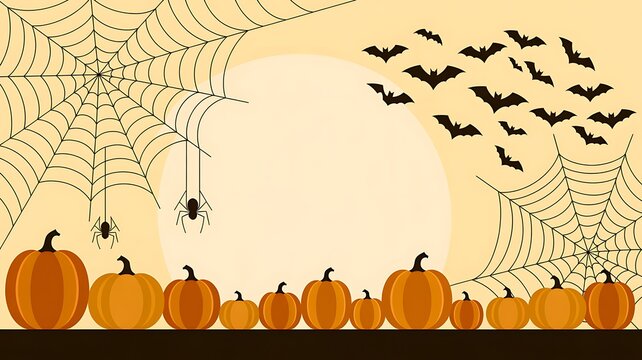Festive halloween scene with pumpkins bats and spooky tree silhouettes in warm tones