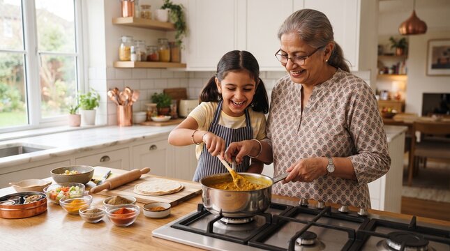 Indian grandmother and granddaughter cooking together, happy family preparing traditional meal in bright kitchen, intergenerational bonding