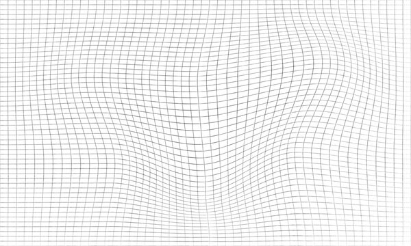 Abstract warped black wireframe grid pattern with wavy distorted perspective lines on transparent background