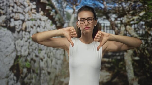 Woman showing thumbs down with raised arms and pursed lips in forest; disapproval criticism concern.