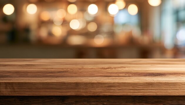 Empty wooden tabletop with a warm, blurred background of glowing lights