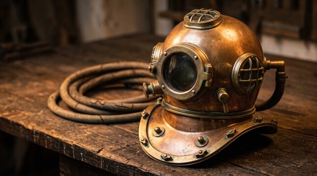 Authentic vintage brass diving helmet on weathered wooden workbench, photorealistic maritime history close up with coiled air hose and museum workshop atmosphere