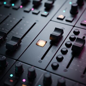 Professional lighting console faders with illuminated controls in extreme macro, photorealistic close up of studio dimmer board and technical production interface