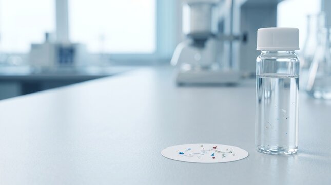 Clear water sample vial and membrane filter with microplastic particles on laboratory bench, photorealistic environmental testing still life with copy space