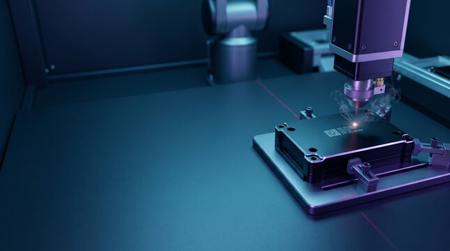 Laser engraving identification code on black anodized component in automated workstation, photorealistic electronics traceability and smart manufacturing scene with copy space