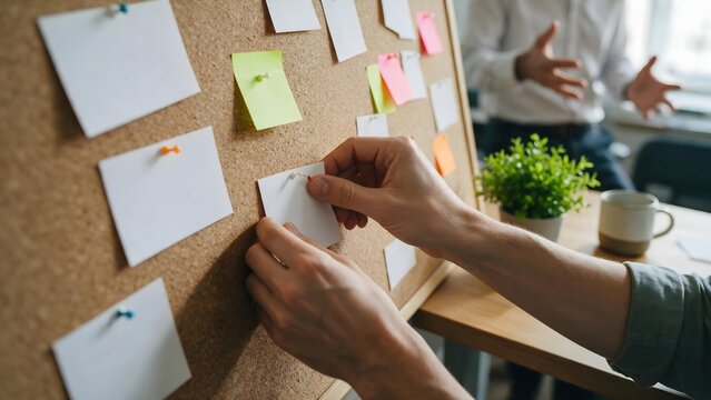 Person pinning paper note on cork board for project planning and creative brainstorming.