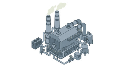 Fototapeta premium Creative Isometric of Industrial Boiler System with Pipes Chimneys and Steam Emissions in Monochromatic Blue Gray