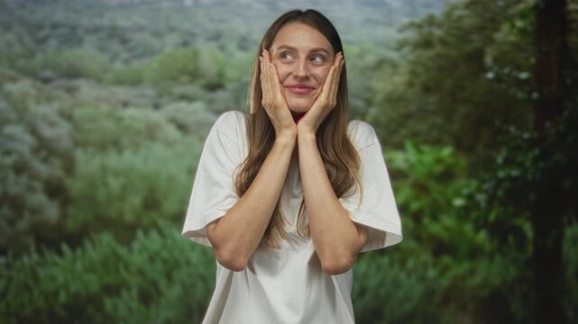 Young woman with hands on cheeks smiling in forest wearing white t shirt and relaxed posture; surprise nature connection.