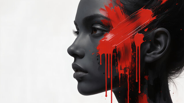 Artistic portrait of a woman with black skin and a bold red paint stroke across her face.