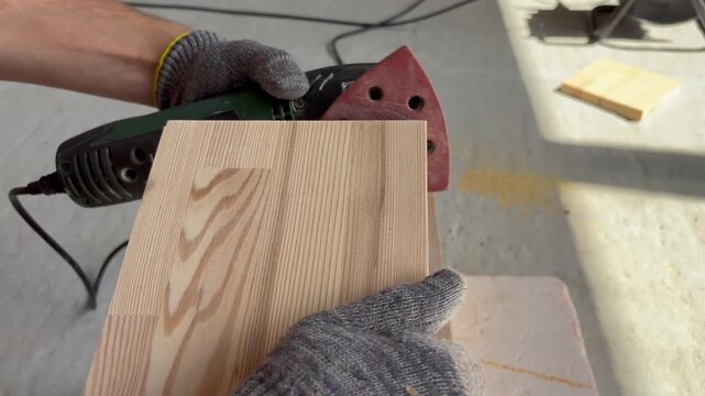 Worker's hands in gloves sanding the edge of a wooden board in a workshop